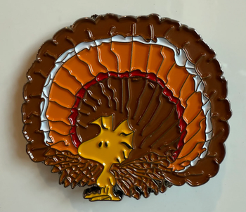 PEANUTS WOODSTOCK AS TURKEY 1.75 x 1.6 ENAMEL NEEDLEMINDER © Peanuts OFFICIALLY NEEDLEPOINT PNTS-MINDER-WOODTURKEY
