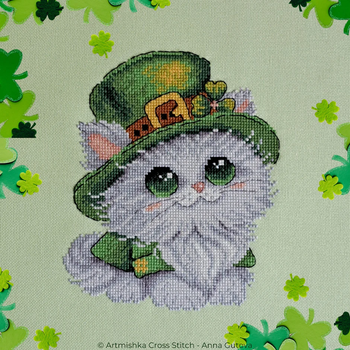 Leprechaun Cat White Artmishka Counted Cross Stitch Pattern
