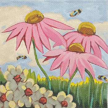 Flowers and Bees - BW460LL Design Size 8" Square on 13 Mesh Laura Loe