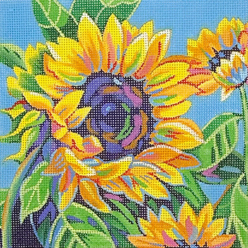 Sunflower Dance in Blue - BW430SE Design Size 8" Square on 13 Mesh Sally C Evans