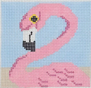 Coaster Flamingo - BW152 Design Size 4" Square on 13 Mesh Mesh Blue Waters Needlepoint