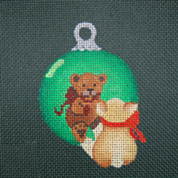 ED-973F Dede's Needleworks Reflections in Shimmering Globe  Bear 3½ x 3½, 18g on Forest Green Canvas