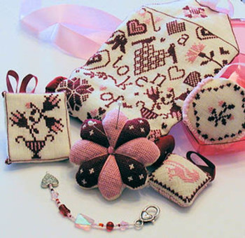 YT Simple Gifts-Hearts Stitch counts: Pincushion 53w x 61h, Needle roll 77w x 157h, Ort pocket 75w x 73h, Thimble purse, Emery, and needle rest 69w x 87h Praiseworthy Stitches