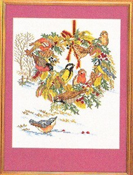 7712986 Eva Rosenstand Kit Birds & Fall Wreath 12" x 16"; Linen; 25ct