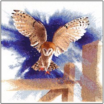 HCK483 Heritage Crafts Kit Owl In Flight by John Clayton 13.5" x 13.5"; Evenweave; 28ct