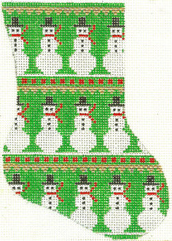 SN268 Snowmen Minisock (green background) 4 x 5.5 18 Count Silver Needle Designs