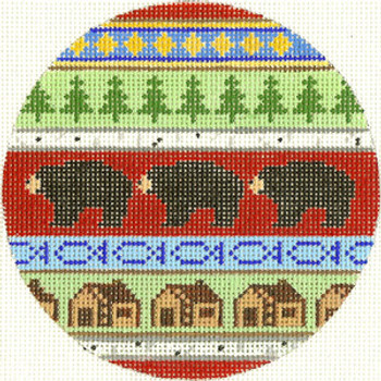 SN549 Bear and Cabins Ornament 4.25 circle 13 Count Silver Needle Designs 