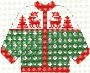 SN672 Green with Red Reindeer Cardigan Ornament 4.5 x 5.5 13 Count Silver Needle Designs