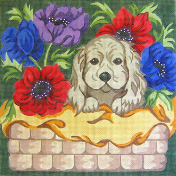 SN35 Puppy in Flower Basket 12 x 12 13 Count Silver Needle Designs