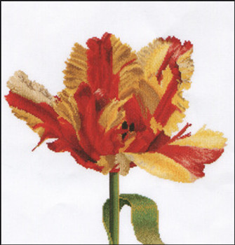 GOK519 Thea Gouverneur Kit Red/Yellow Parrot Tulip 13" x 14"; Linen; 30ct