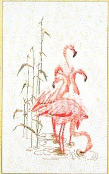 GOK1070 Thea Gouverneur Kit Feeding Flamingos 15" x 26"; Linen; 30ct