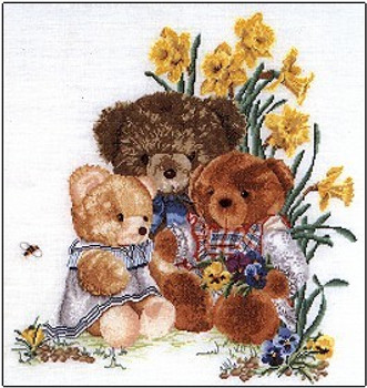 GOK2048 Thea Gouverneur Kit Teddy Bears & Flowers 16" x 18"; Linen; 30ct