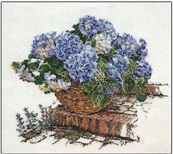 GOK2046 Thea Gouverneur Kit Blue Hydrangea In Basket 18" x 16"; Linen; 30ct