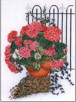 GOK2036 Thea Gouverneur Kit Rose Hydrangea With Fence 18" x 24"; Linen; 30ct