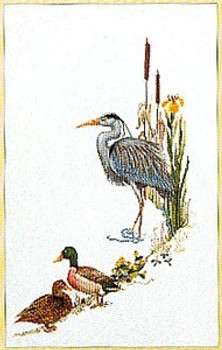 GOK955 Thea Gouverneur Kit Blue Heron With Mallards 15" x 24"; Linen; 30ct