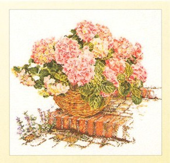 GOK2047 Thea Gouverneur Kit Pink Hydrangea In A Basket 17-1/2" x 15-1/2"; Linen; 30ct