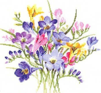 HCK716 Heritage Crafts Kit Freesia Posy by Valerie Pfeiffer 7" x 6.75"; Evenweave; 28ct