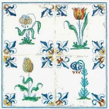 GOK485 Thea Gouverneur Kit Antique Tiles Flowers 11" x 11" ; Linen; 36ct