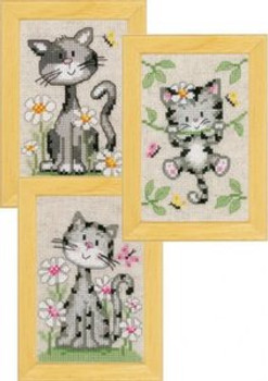 PNV147743 Vervaco Kit Cats and Flowers  Miniatures (set of 3) 3" x 4" Aida 14ct