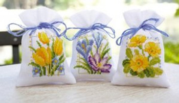 PNV147592 Vervaco Kit Spring Flowers  Potpourri Bags (set of 3)	 3" x 4" Aida  18ct