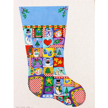 6431 CHR stocking, Snowman patchwork 14 x 23 18 Mesh Patti Mann 