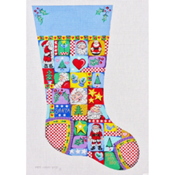 6432 CHR stocking, Santa patchwork 14 x 23 18 Mesh Patti Mann 