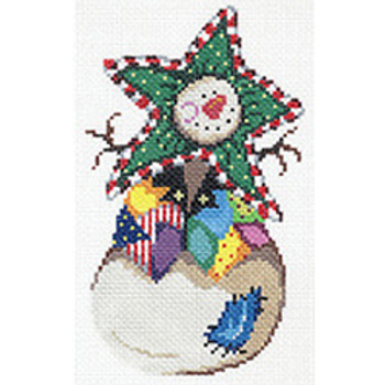 7357 CHR orn. Snowman with patchwork vest 4 x 6 18 Mesh Patti Mann 