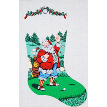 6252 CHR stocking, golfing Santa 14 x 23 13 Mesh Patti Mann 