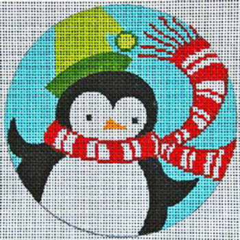 11064 CHR ornament, retro penguin 4" diam 18 Mesh Patti Mann 