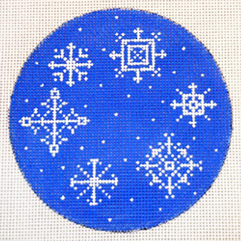 11470 MIN snowflakes on blue  4" diam 18 Mesh Patti Mann 