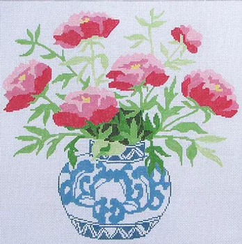 9b Jean Smith Designs Peonies In A Blue Bowl  14" Square  13 Mesh    