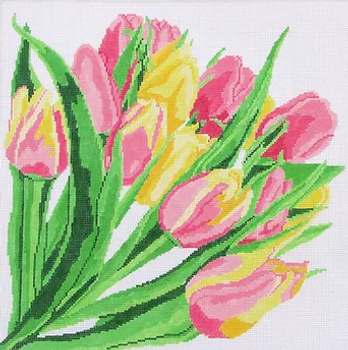 49a  Jean Smith Designs PINK & YELLOW TULIPS, 14" sq., 13 mesh