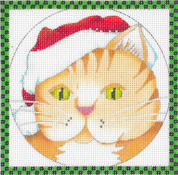 ED-17084I Cat Ornament with Border- Santa 18g, 4.5” x 4.5” Dede's Needleworks