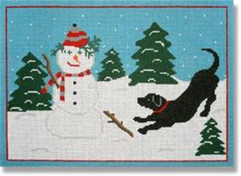 LM-PL 36 Orvis Snowman with Dog 13 Mesh 12 x 8.5" Laura Megroz