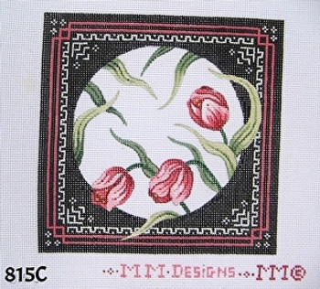 Miniature 815C Pink Tulips/ Black & White Border- 6x6 on 18 mesh MM Designs