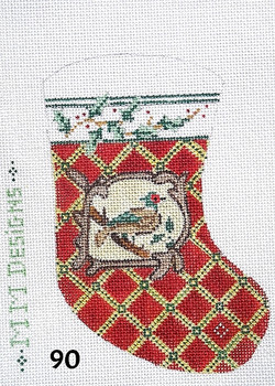 STOCKING 90 Pheasant & Holly/ Burgundy & Gold Bkgd. 4" x 6" 18 Mesh MM Designs