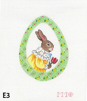 Easter Egg E3 Girl Brown Bunny/ Yellow Dress & Lime Border 4" x 5 1/2" 18 Mesh MM Designs