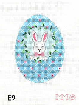 Easter Egg E9 White Bunny/ Blue Bkgd. 2 1/2" x 3 1/2" 18 mesh MM Designs