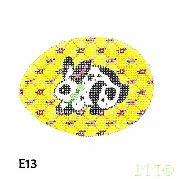 Easter Egg E13 Black & White Spotted Bunny/ Yellow Bkgd.- horizontal 2 1/2" x 3 1/2" 18 mesh MM Designs