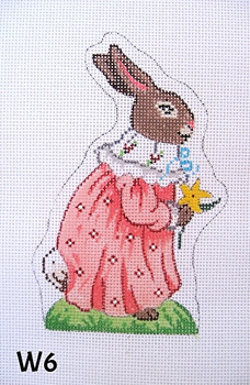 EASTER VICTORIAN BUNNY W6 Standing Brown Girl Pink Dress/Yellow Flower-3"x 5" 18 Mesh MM Designs
