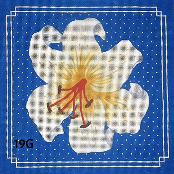 Pillow 19G White Tiger Lily/ Blue Bkgd.- 12x12 on 13 mesh MM Designs