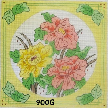 Pillow 900G Yellow & Coral Chrysanthemums/ Yellow Border- 12x12 on 13 mesh MM Designs
