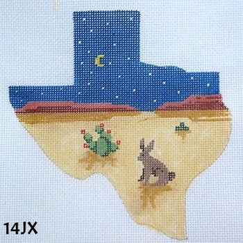 Christmas Shaped 14JX Jackrabbit & Cactus/ Texas-shaped- 5 1/2"x5 1/2" on 18 mesh MM Designs