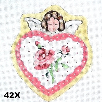 Victorian Heart Shaped Angel 42X Brunette Girl & Pink Roses 4" x 4 1/2" 18 Mesh MM Designs