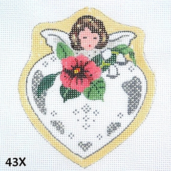 Victorian Heart Shaped Angel 43X  Brunette Girl Angel & Pink Pansy 4" x 4 1/2" 18 MeshMM Designs