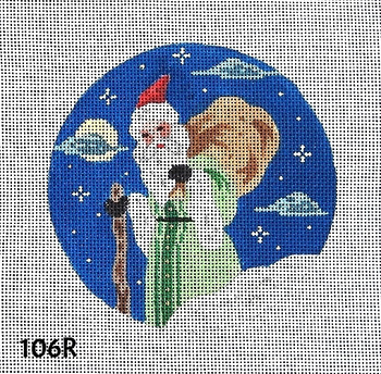 MM Designs Christmas 4 1/2" Round 106R Santa St Nicholas Holding Bag of Gift/ Night Snow Scene 18 Mesh