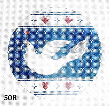 Christmas 4 1/2" Round 50R White Dove Holding Heart Branch/ Blue Bkgd. 18 Mesh MM Designs