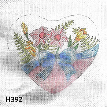 Heart H392 Yellow & Pink Flowers, Ferns/ Blue Ribbon 5" x 5" 18 Mesh MM Designs