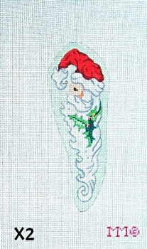 Shaped Christmas Ornament X2 Santa/ Pale Green Bkgd.  2 ½” x 6 ½” 18 Mesh MM Designs