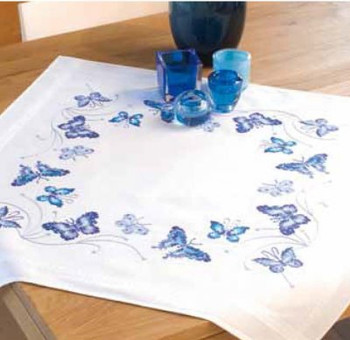 PNV145088 Vervaco Kit Blue Butterflys Tablecloth 32" x 32"; Cotton; 10.5ct 